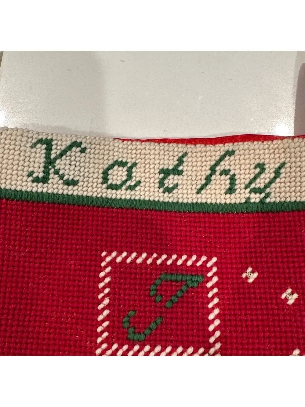 The Spirit of Christmas Red Joy Stocking for Kathy.  Cross Stitched Design Vtg